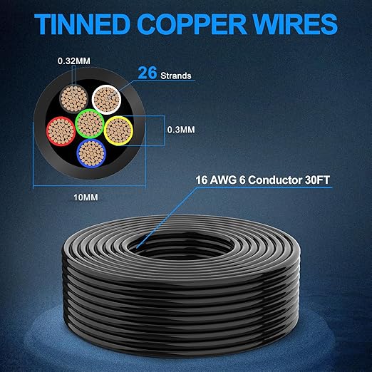 NAOEVO 16 Gauge Wire 6 Conductor Electrical Wire, 16 AWG Stranded PVC Cord, 12V Low Voltage/Tinned Copper/Flexible Cable for Automotive Wiring, Lamp Cord, Marine Cable (30FT)