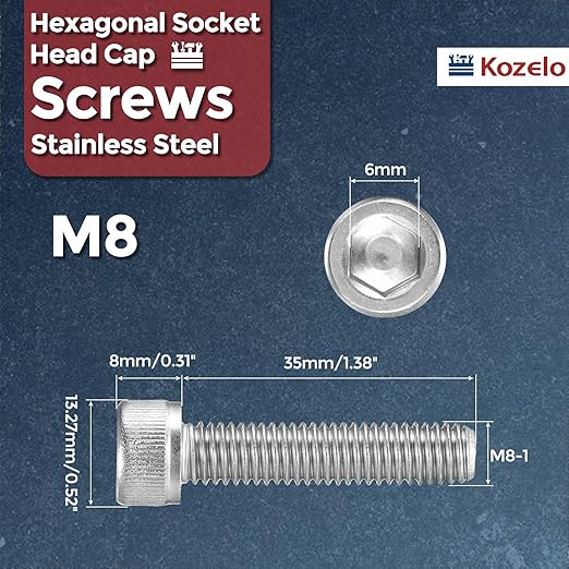 Kozelo 10pcs Socket Head Cap Screws - [M8-1 x 35mm] 304 Stainless Steel Allen Socket Drive for Electrical Motor 3D Printing Fan Engine Replacement Use, Silver
