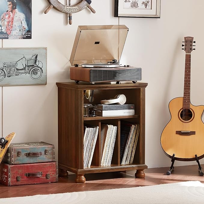 Joaxswe Record Player Stand with Charging Station Up to 200 Albums, 24" Wide Mid-Century Record Player Table with Vinyl Record Storage,Large Wood Turntable Stand Dispaly Cabinet for Living Room,Brown