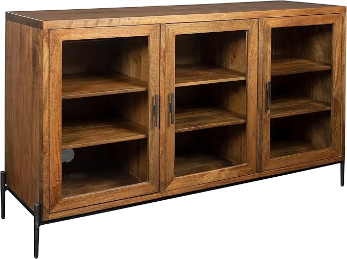Hekman TV Stand with Storage for Living Room, Entertainment Center with Bookshelves - Bedford Brown Finish, Wood Framed Glass Doors, Back Ventilation Panel, Solid Hand-Forged Iron Hardware, TV Console