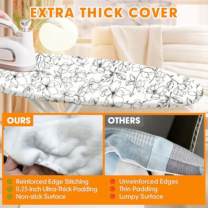 Ironing Board Cover and Pad, 21x54 Extra Large Thick Iron Padding, Scorch & Stain Resistant Ironing board cover, Heavy Duty Iron Board Padded with Adjustable Fasteners Elastic Edge, Floral White