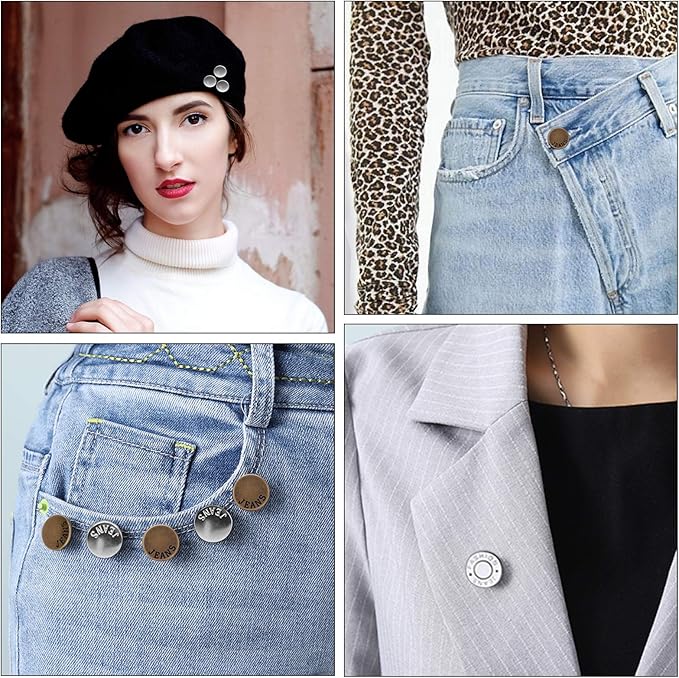 TOOVREN Upgraded 8 Sets Button Pins for Jeans Pants, No Sew Perfect Fit Jean Button Tightener Replacement Adjustable Reusable Metal Clips Snap Tack, Instant Reduce Too Big Pants Waist