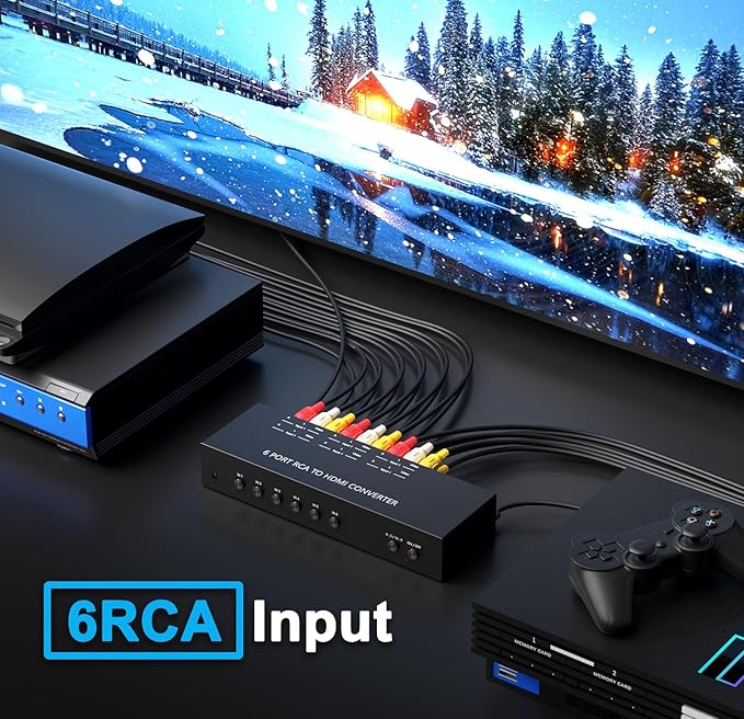 RuiPuo 6Port AV to HDMI Converter RCA/Composite/CVBS Adapter Support 16:9/4:3 Switch for Wii/N64/PS1/PS2/PS3/VHS/VCR/DVD Players etc (6Port RCA in to 1 HDMI Converter with IR Remote)