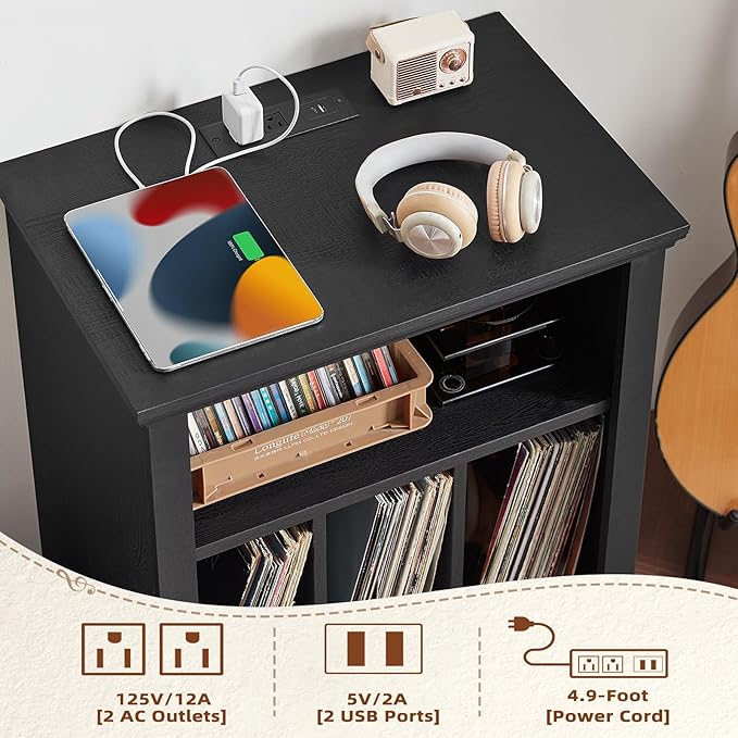 Joaxswe Record Player Stand with Charging Station Up to 200 Albums, 24" Wide Mid-Century Record Player Table with Vinyl Record Storage,Large Wood Turntable Stand Dispaly Cabinet for Living Room,Black