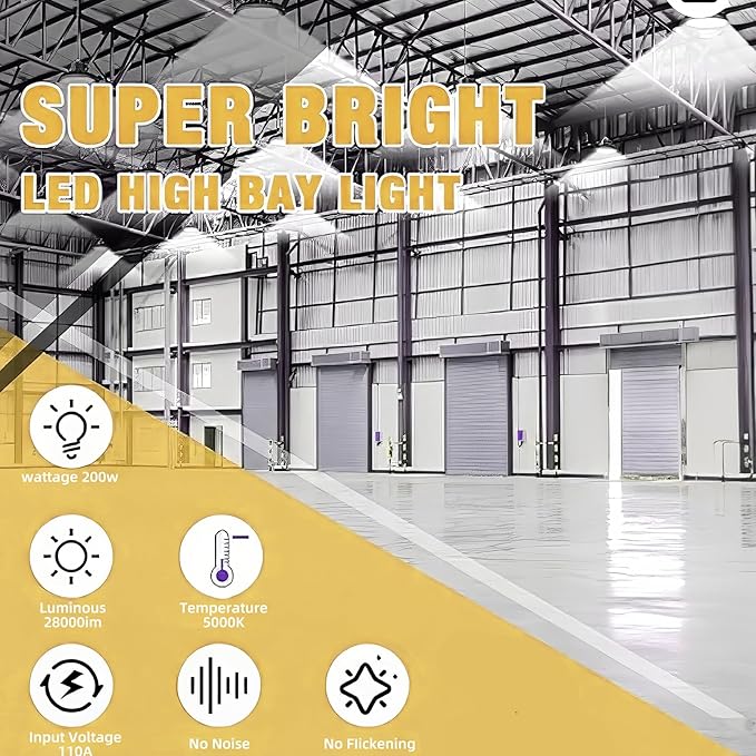 SOUTHLEVY 6 Pack UFO 200W LED High Bay Light,5000K,28,000LM, 5 ft Cable with US Plug UL Certified Plug, IP65 Commercial Warehouse Area Light for Wet Location Area, Workshop, Garage