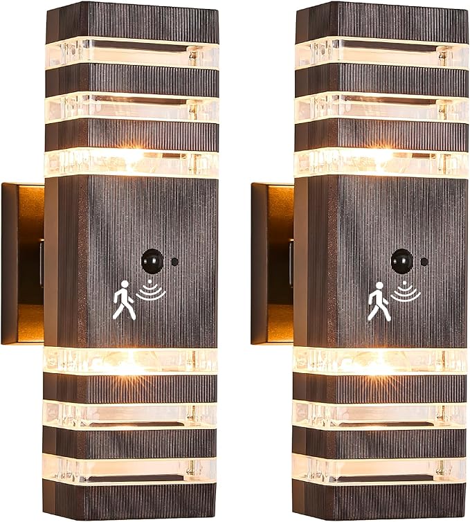 2 Pack Oil Rubbed Bronze Outdoor Wall Lights Fixtures with Motion Sensor Up Down Porch Lights Modern Dusk Dawn Exterior Sconce Wall Mount Outside Coach Lantern for House(With 4 Dimmable Warm Bulbs)