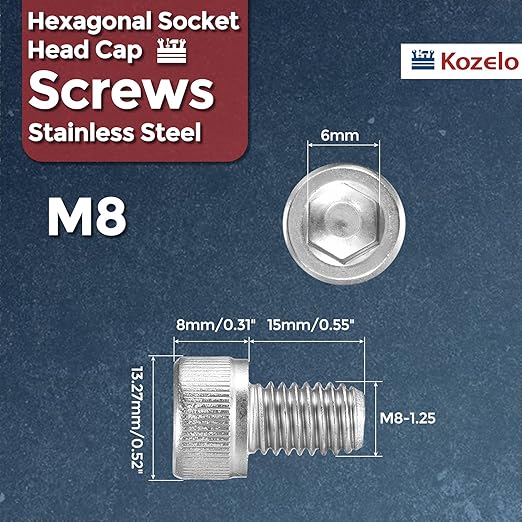 Kozelo 50pcs Socket Head Cap Screws - [M8-1.25 x 14mm] 304 Stainless Steel Allen Socket Drive for Electrical Motor 3D Printing Fan Engine Replacement Use, Silver