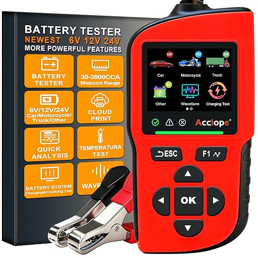 Acclope BT90 PRO 2-360Ah Battery Tester with Cloud Printing, 30-3800 CCA, 6V/12V/24V Digital Analyzer, SOH/SOC/Volt/Res/Cranking&Charging Test, Real‑Time Ambient Temp, AGM/EFB/Gel/Li