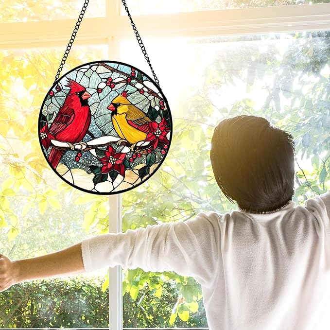 DASTOLL Stained Glass Window Hanging, Love Birds Cardinals Sun Catchers Colorful Glass Panel Birds Suncatcher Decor for Birthday for Women, Men, Wife, Lovers, and Mom 14.9x14.9 in