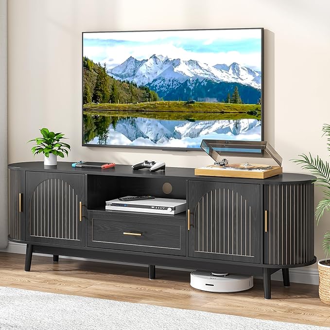70" Fluted TV Stand for Tvs up to 80", Mid-Century Modern Entertainment Center with Drawers and Fluted Doors, Curved TV Media Console Table with Sliding Doors for Living Room, Bedroom (70" Black)