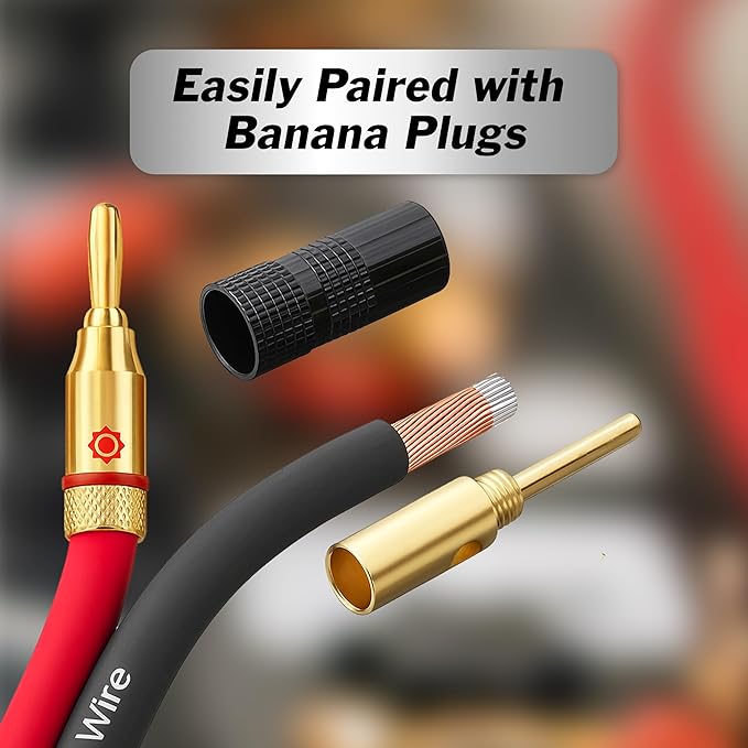 InstallGear 14 Gauge Speaker Wire - 100 Ft Copper Clad Aluminum Speaker Cable with 12 Banana Plugs for Easy Installation - Flexible PVC Jacket for Home Theater and Car Audio