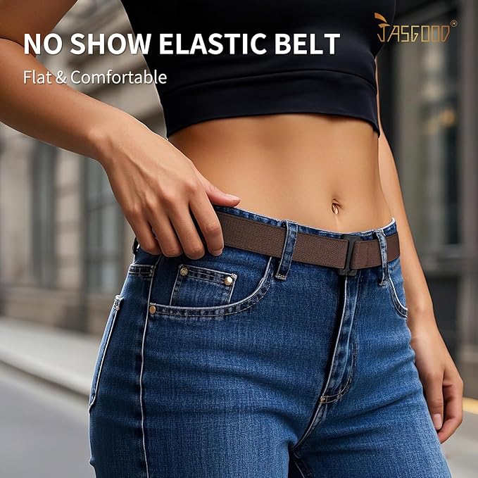JASGOOD Women No Show Stretch Belt Elastic Web Strap Belt with Flat Buckle for Jeans Pants Dresses