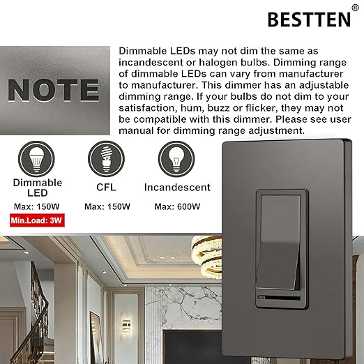 BESTTEN Matte Brown Dimmer Wall Light Switch, Single Pole or 3-Way, Compatible with Dimmable LED, CFL, Incandescent and Halogen Bulb, 120VAC, UL/cUL Listed