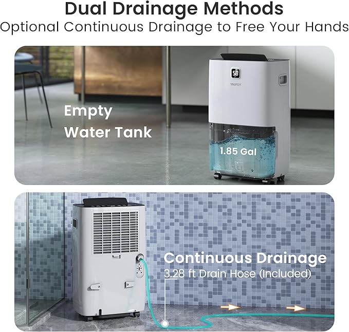 Yaufey 150 Pints Energy Star Dehumidifier with Pump for Home, Basement and Large Room up to 7500 Sq. Ft., With Drain Hose, Timer, Intelligent Humidity Control and Large Water Tank