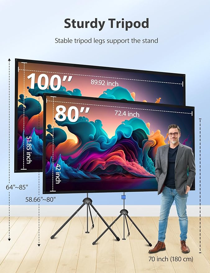 Projector Screen with Stand, Paris RHÔNE 80-inch Outdoor Indoor Projector Screen 16:9 4K HD PVC, 1.5 Gain Portable Wrinkle-Free Movie Screen for Home Backyard Theater with Carry Bag, Ground Nails