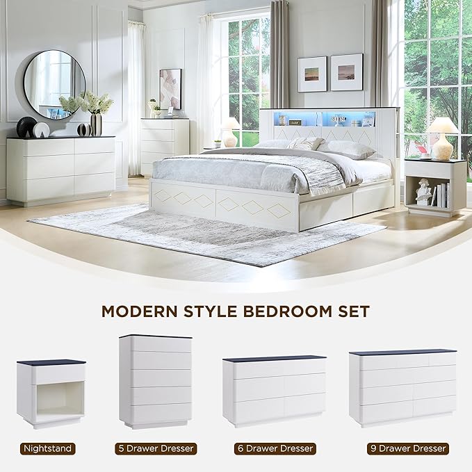 JXQTLINGMU 9 Drawer Dresser for Bedroom, 52" Wide Modern Wood Dressers with Push-to-Open Drawers for Closet Storage, Chest of Drawers TV Stand for Living Room & Hallway, Curved Profile, White Oak