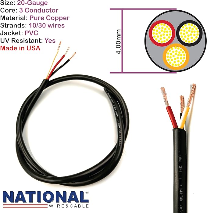 NATIONAL Wire & Cable – 20 AWG 3-Conductor Premium Copper Wire, 50 ft, Stranded | Made in USA, Flexible Jacket | Electronics, Controls, DIY Wiring, Indoor and Outdoor Use