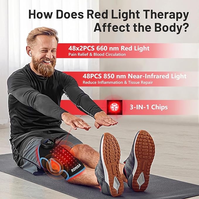 ROMISA Red Light Therapy Knee Brace & Vibration Knee Massage, 660nm & 850nm Rechargeable Near Infrared Light Therapy Device for Knee/Elbow/Shoulder for Cordless Use, Blue.