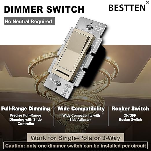 BESTTEN 10 Pack Matte Champagne Gold Dimmer Light Switch, Single Pole or 3-Way, Compatible with Dimmable LED, CFL, Incandescent and Halogen Bulb, 120VAC, Signature Collection, UL Listed