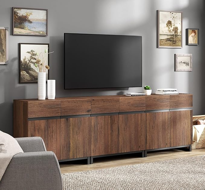 Wampat Modern TV Stand for 100 inch TVs, 3 in 1 Entertainment Center Console with Adjustable Shelves and Metal Base for Living Room, Bedroom, Brown | 3 in 1