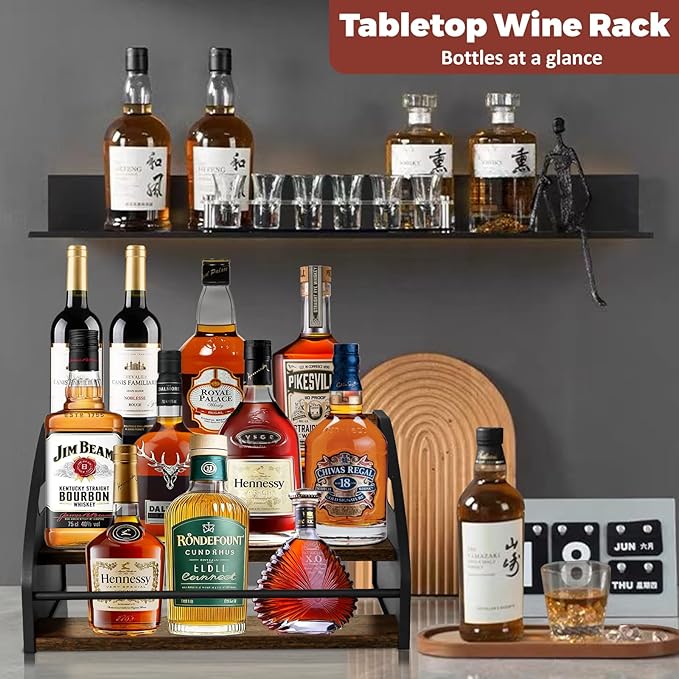 STAEVER 3-Tier Liquor Bottle Display Shelf, Exquisite Metal Design, Extra Large Bar Organizer for The Home Bar, Countertop Wine Rack with Smooth Handles, Retro Bar Shelf Stand for Whiskey, Spirits