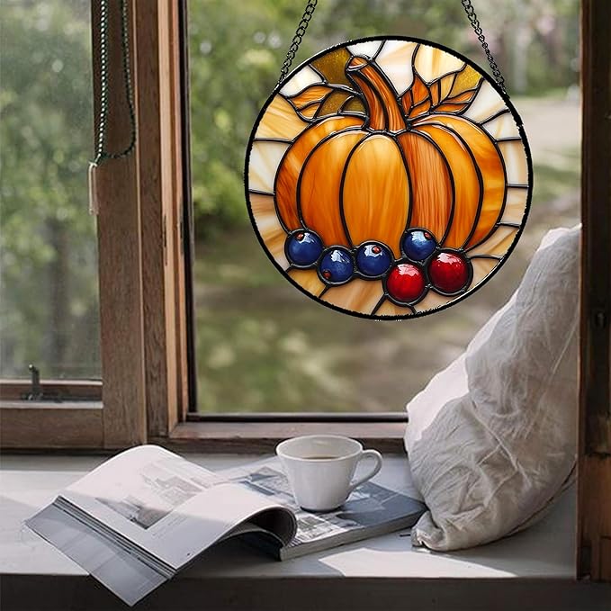 DASTOLL Stained Glass Window Hanging Fall Pumpkin Berries 7.8" - Suncatcher Door Garden Kitchen Sunroom Sun Catcher Autumn Home Decor Birthday for Mom Grandma Men Woman