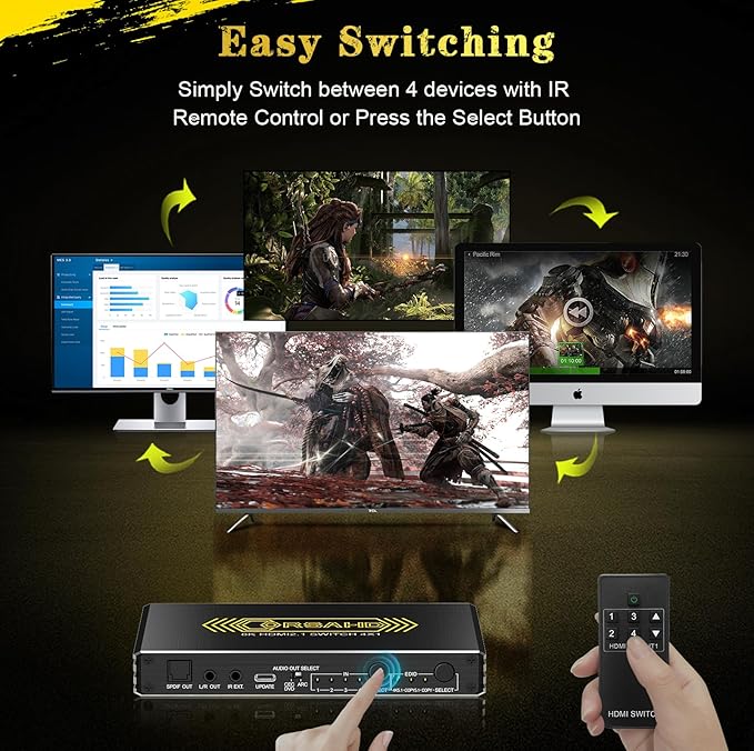 CORSAHD 4K@120Hz HDMI 2.1 Switch 4 in 1 Out with Audio Extractor,48Gbps,HDCP 2.3,HDR 10+,ARC,VRR,ALLM,CEC,IR Remote,Optical SPDIF 5.1Ch,AUX L/R 3.5mm 2.1Ch,HDMI Switcher 4x1,4 Port HDMI Selector