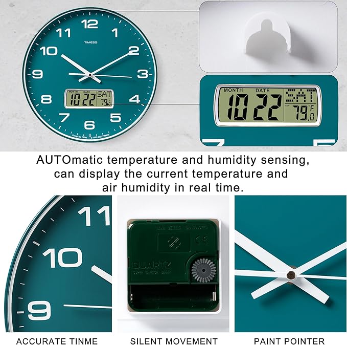 TIMESS Wall Clock, 14" Large Dial Non-Ticking Silent Battery Operated Analog with LCD Display for Perpetual Calendar and F° Temperature, Ideal Modern Home, Bedroom, Kitchen, Office Decor(Green)