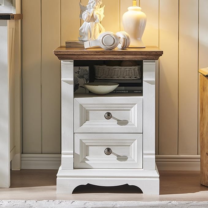 T4TREAM Farmhouse Nightstand Set of 2, 18" End Table with 2 Drawers Storage, Wood Side Table w/Roman Column, Bedside Cabinet for Bedroom, Living Room, Antique White