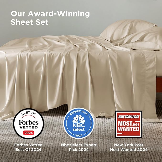 Bedsure Queen Sheet Set, Rayon Derived from Bamboo, Cooling Sheets, Deep Pocket Up to 16", Breathable & Soft, Hotel Luxury Silky Bedding for Hot Sleepers, Beige