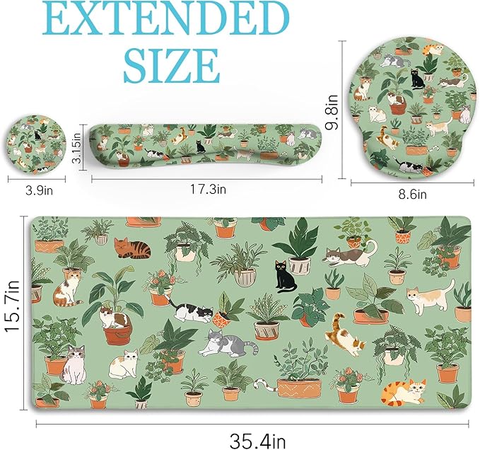LIMKRIAN Cat Mouse Pad XXL Desk Mat Set, Green Ergonomic Mouse Pad with Wrist Rest, Large Gaming Mousepad Wrist Support Keyboard Mat Cup Coaster Set Cute Office Desk Decor Accessories