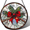 DASTOLL Stained Glass Window Hanging - Pine Branches Red Bow Suncatcher for Doors Home Christmas Decoration Silver Sun Catcher Thanksgiving New Year Birthday Gifts for Women Men Mom Nana 6.3 in