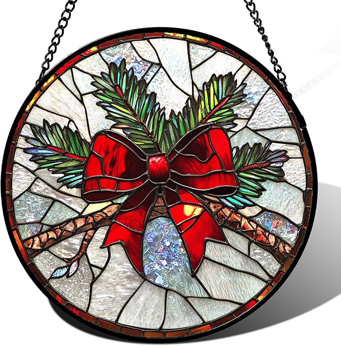 DASTOLL Stained Glass Window Hanging - Pine Branches Red Bow Suncatcher for Doors Home Christmas Decoration Silver Sun Catcher Thanksgiving New Year Birthday Gifts for Women Men Mom Nana 7.8 in