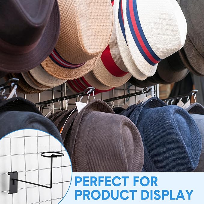 Blulu 12 Pcs Hat Displayer for Gridwall, Metal Hat Helmet Rack Retail Store Display Shelves Organizer Cap Rack Wall Fixtures Gridwall Hooks Accessories for Craft Show Garage (Black)
