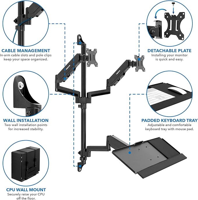 Mount-It! Wall Mount Workstation with Dual Monitor Mount, Keyboard Tray and CPU Holder, Height Adjustable Full Motion Arms, Fits Two 32 Inch Computer Screens