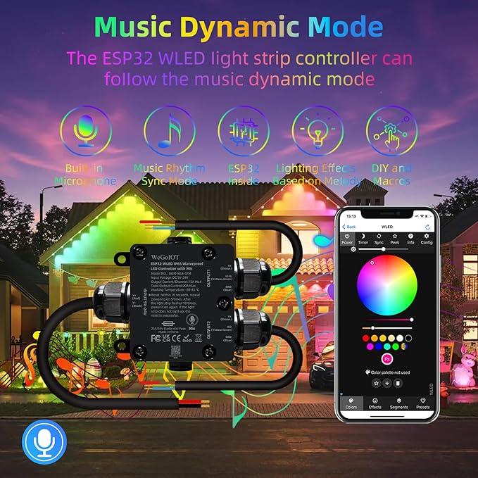 WeGoIOT Waterproof ESP32 WLED Controller with Mic, Project for Pool Boat Landscape Outdoor Lights IP65 Dynamic RGB IC DIY Lighting WiFi APP Control for WS2812B DC5-24V RGBW LED Controller (2 Channel)