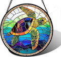 DASTOLL Stained Glass Window Hanging, Colored Turtle Ocean Suncatcher Diamond Glass Panel Hangings Marine Life Sun Catchers Decor for Birthday for Women, Men, Wife, Aunt, Mom 15x15 in