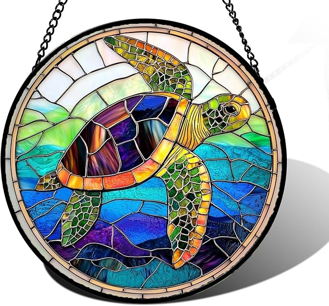 DASTOLL Stained Glass Window Hanging, Colored Turtle Ocean Suncatcher Diamond Glass Panel Hangings Marine Life Sun Catchers Decor for Birthday for Women, Men, Wife, Aunt, Mom 15x15 in