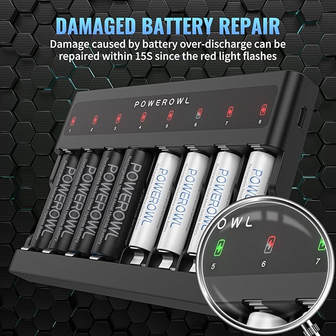 POWEROWL AA AAA Battery Charger 8 Bay, Independent Slot, USB Fast Charging for Ni-MH Ni-CD Rechargeable Batteries