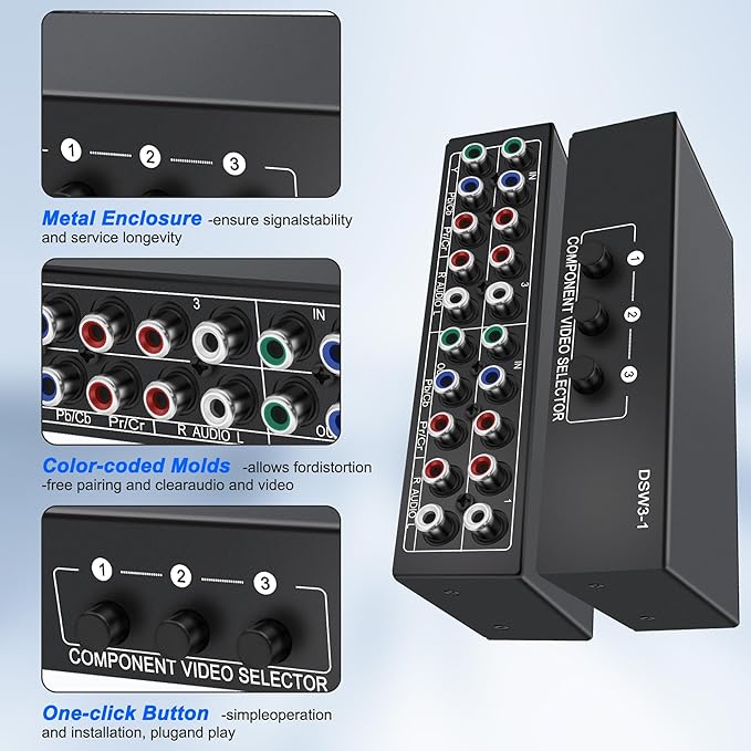 XMSJSIY Component AV Video Switch 3 in 1 Out Composite 5 RCA YPbPr RGB Selector Switcher AV Splitter Converter Box 3-Way Hub 1080P for Xbox 360 Wii PS2 PS3 DVD VCD EVD HDVD