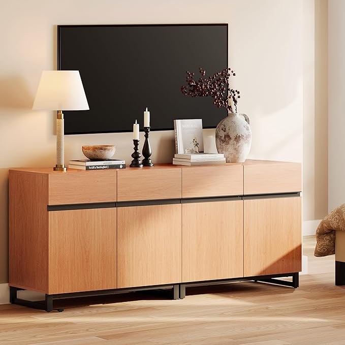 WAMPAT Modern TV Stand for TVs up to 70 inch, 2 in 1 Entertainment Center TV Console with Adjustable Shelves and Metal Base for Living Room,Bedroom, Mocha