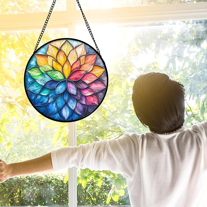 DASTOLL Stained Glass Window Hanging, Colorful Flower Petals Sun Catchers Diamond Glass Panel Hangings Suncatcher Decor for Birthday for Women, Men, Wife, Aunt, and Mom 6.3 in