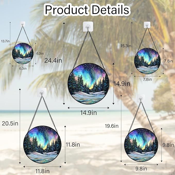 DASTOLL Stained Glass Window Hanging, Aurora Landscape Sun Catchers Glass Panel Green Trees Suncatcher Decor for Birthday for Women, Men, Wife, Aunt, and Mom 14.9x14.9 in
