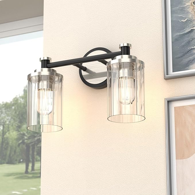 PHIXART Bathroom Lighting Fixtures Black and Brushed Nickel Bathroom Vanity Light with Cylindrical Clear Stripes Glass Lampshade E26 Socket Base Bathroom Lighting Fixtures Over Mirror (2 Lights)