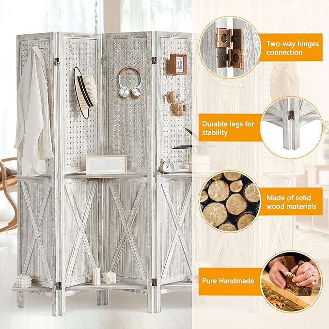Aleesing 6 Panel Pegboard Display with 24 Hooks, Wooden Pegboard Room Divider Wall with Shelf, Partition Room Dividers and Folding Privacy Screens, Bedroom, Jewelry Store, White