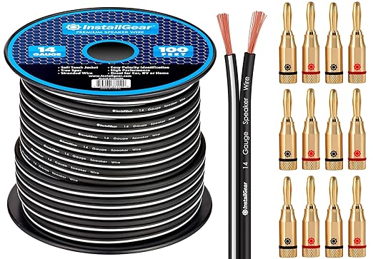 InstallGear 14 Gauge Speaker Wire with Banana Plugs (100ft White/Black) - Car, Home, Theater Speakers