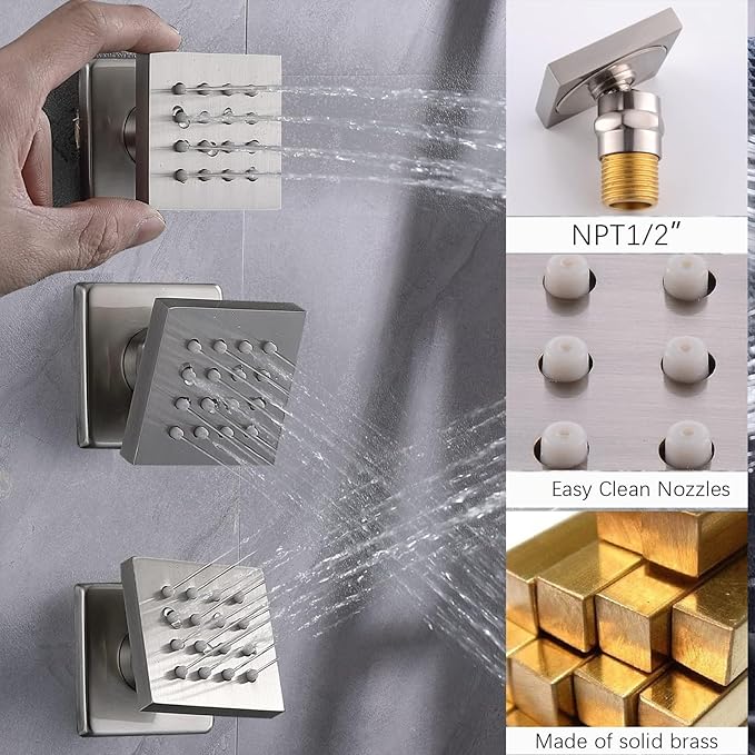 KATAIS Digital Tempreature Display Full Body Shower System Wall Mounted 8 Inch Rain Shower System with 6 PCS Body Jets, Handheld Spray, Brushed Nickel Shower Fixtures