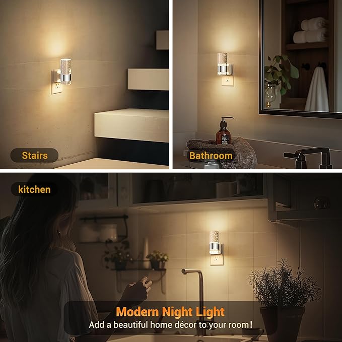 JandCase Night Light, Night Lights Plug into Wall,2 Pack 3000K Warm White LED Nightlight with Adjustable Brightness, Automatic Night Light Plug in with Light Sensor for Bathroom Hallway Christmas Gift
