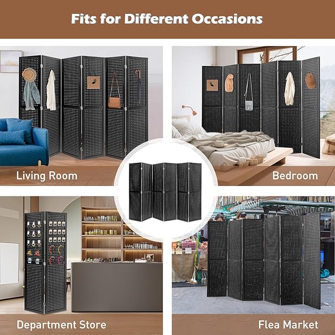 ECOMEX 6 Panel Room Divider, 5.6Ft Pegboard Display Wooden Room Divider Folding Privacy Screen Room Divider Freestanding Peg Board Display for Trade Show Craft Show Home Wall Organizer, Classic Black