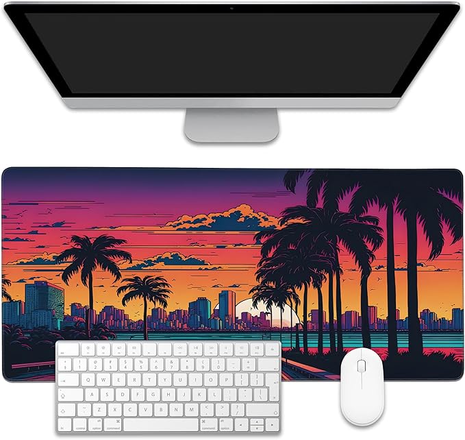 EOBKLAX Mouse Pad,Orange Purple Miami Landscape Desk Mat for Desktop,Desk Pad with Non-Slip Base and Stitched Edge,Extended Mousepad for Office and Home 35.4X15.7 Inch
